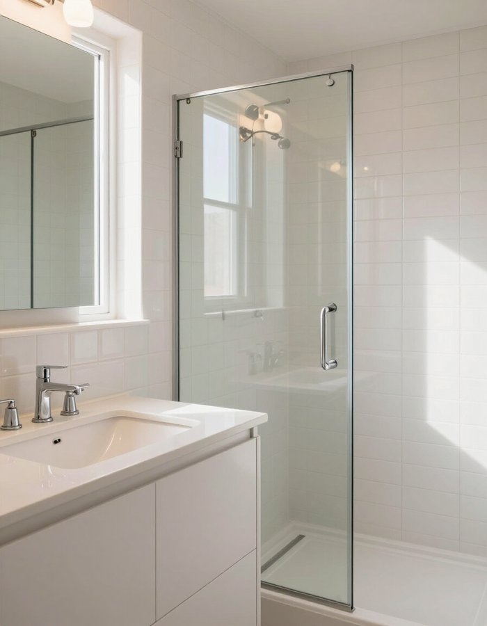 Bright white bathroom with a sink, mirror, and glass shower enclosure.