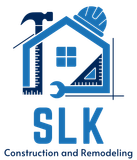 Blue SLK Construction and Remodeling logo with house, hammer, wrench, ruler, and hard hat icon
