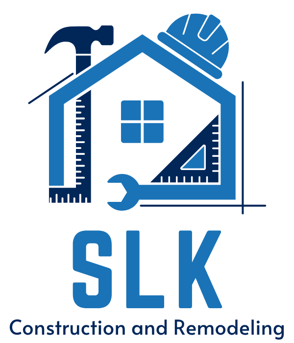 Blue SLK Construction and Remodeling logo with house, hammer, wrench, ruler, and hard hat icon