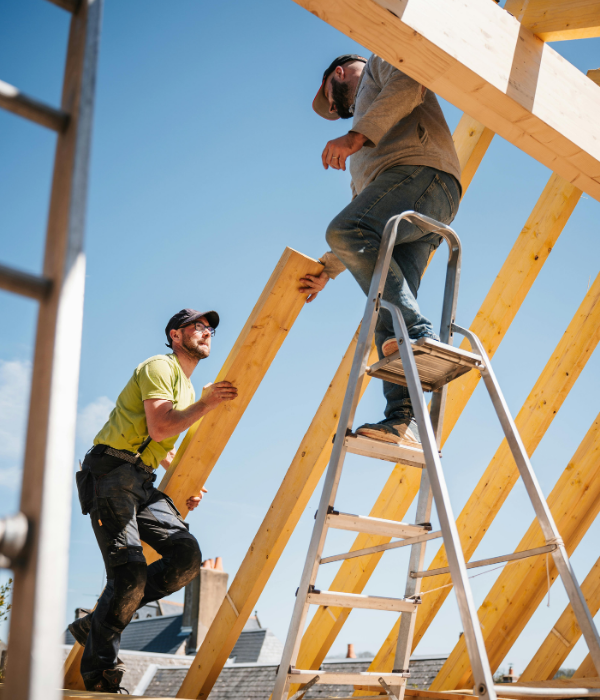 Two construction workers on a ladder framing a wooden structure outdoors
