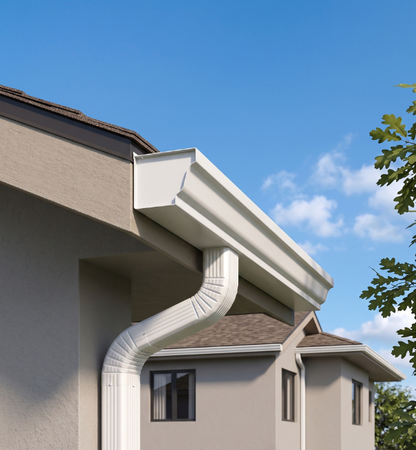 White rain gutter and downspout on a beige house roof against a blue sky