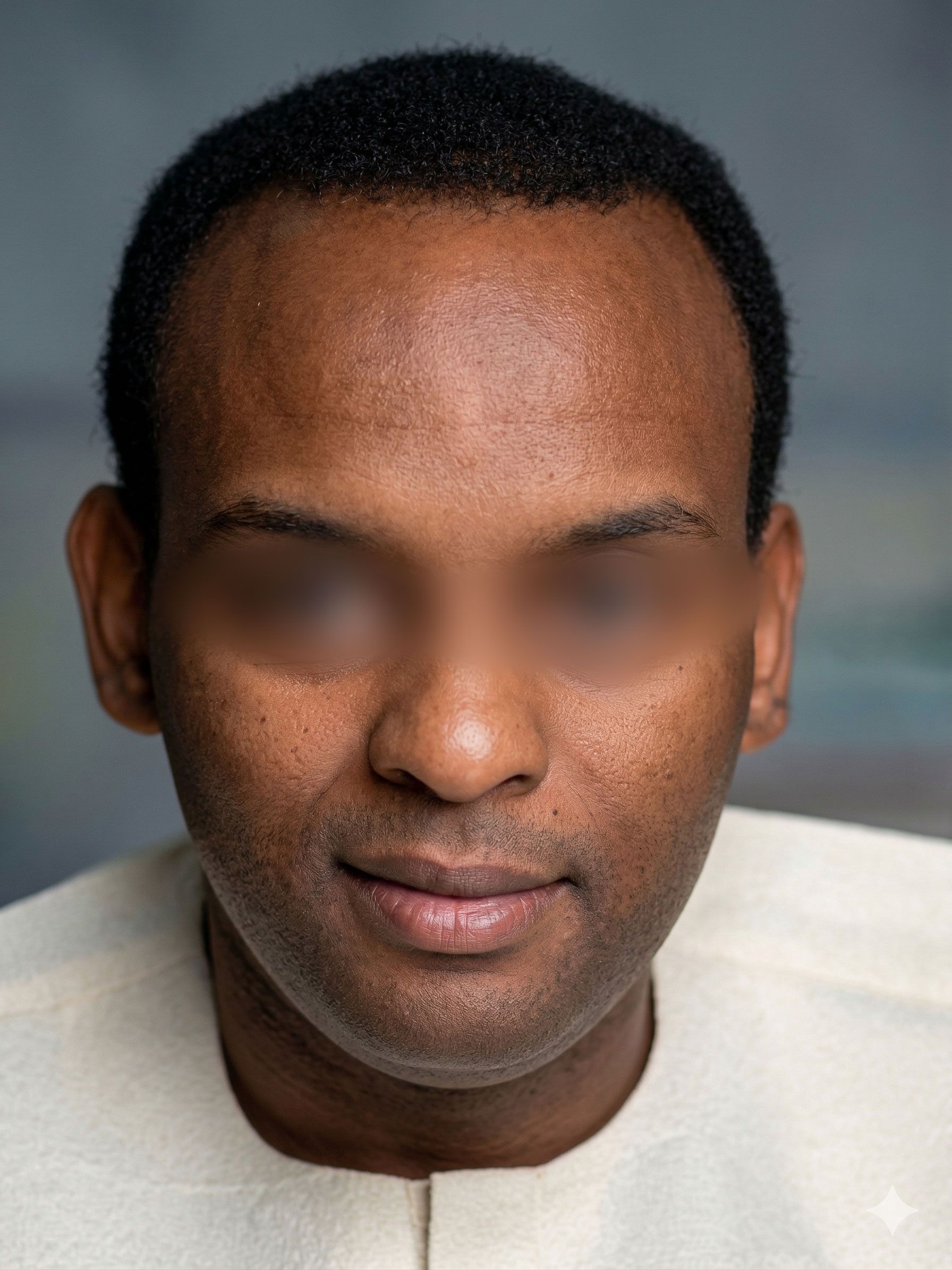 Close-up portrait of a man with blurred eyes, wearing a light-colored shirt against a dark background