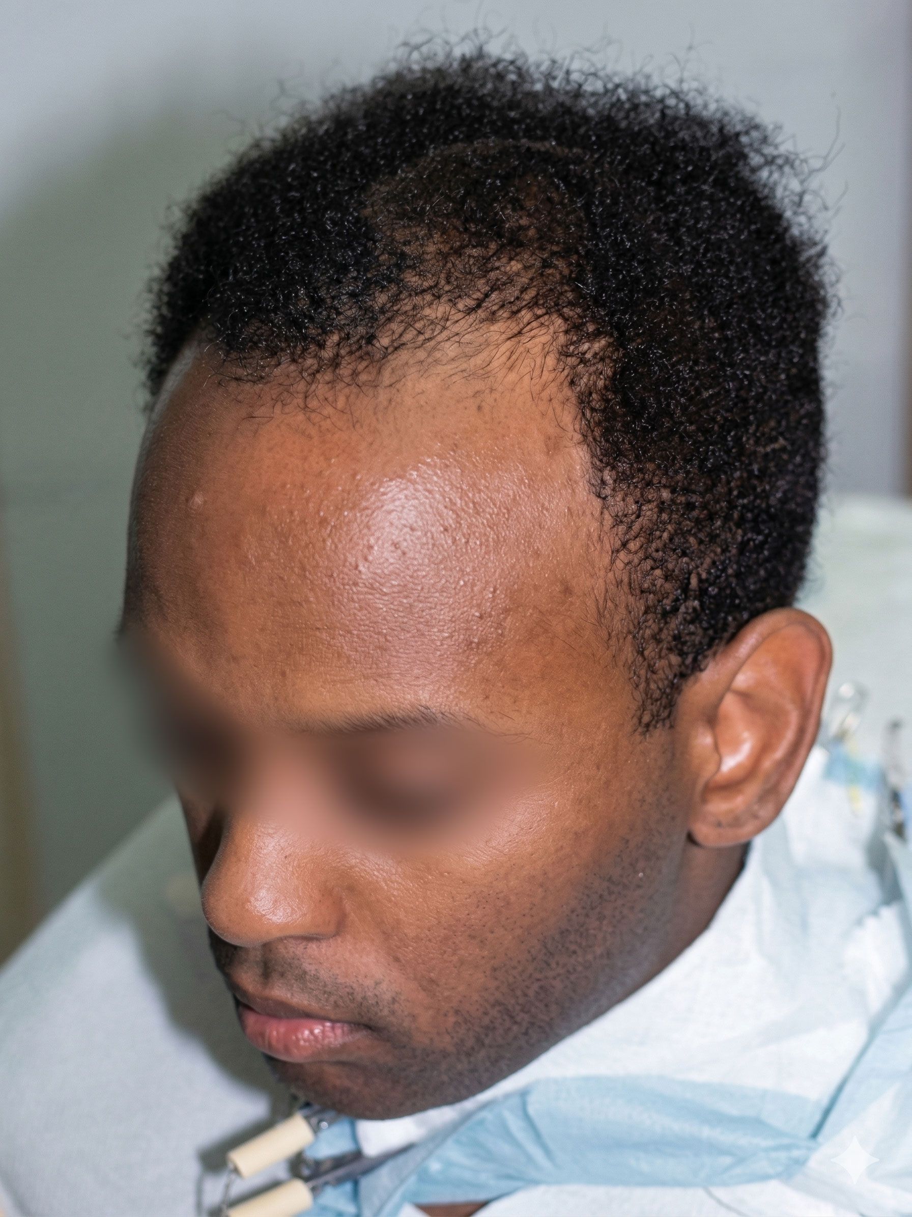 Man sitting in a chair, wearing a light shirt, with blurred eyes and a neutral expression.