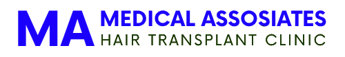 Logo for Medical Associates Hair Transplant Clinic, featuring navy blue 