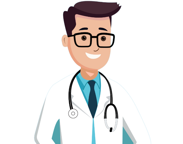 A smiling doctor in a white lab coat with a stethoscope around their neck, wearing glasses.
