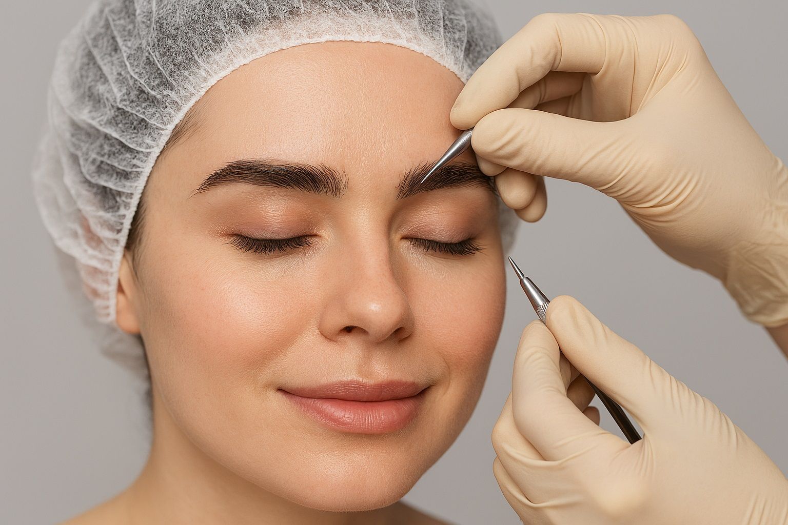 A professional performing an eyebrow grooming treatment on a client wearing a hairnet.
