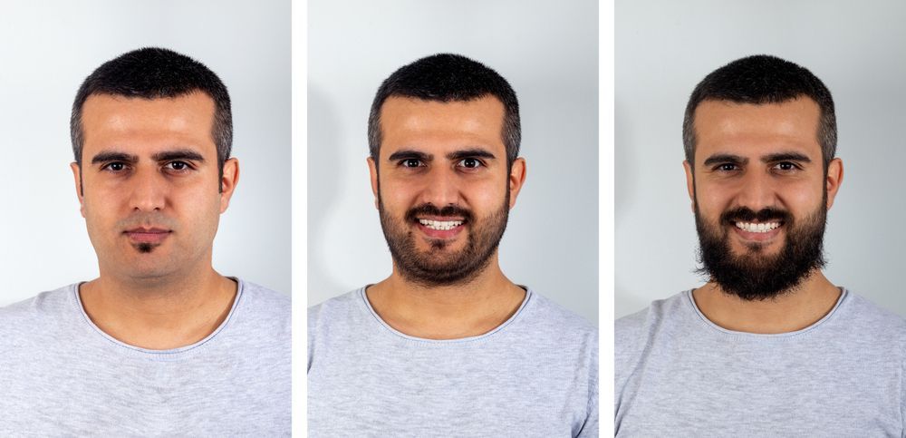 Three portraits of the same person wearing a gray shirt, showing progression from a clean-shaven face to a full beard.