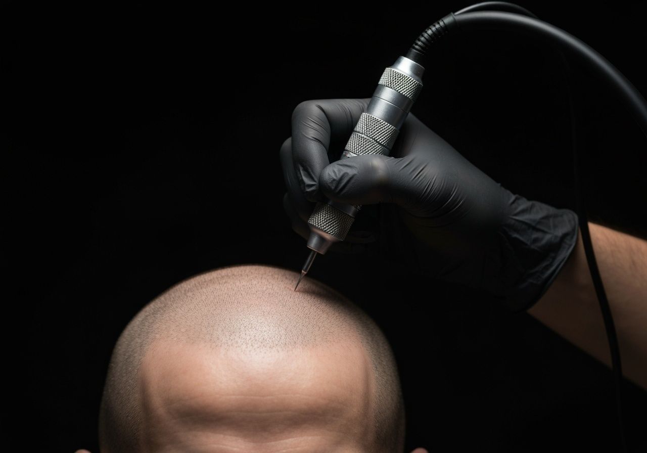 A person in a black glove uses a tattooing device to perform scalp