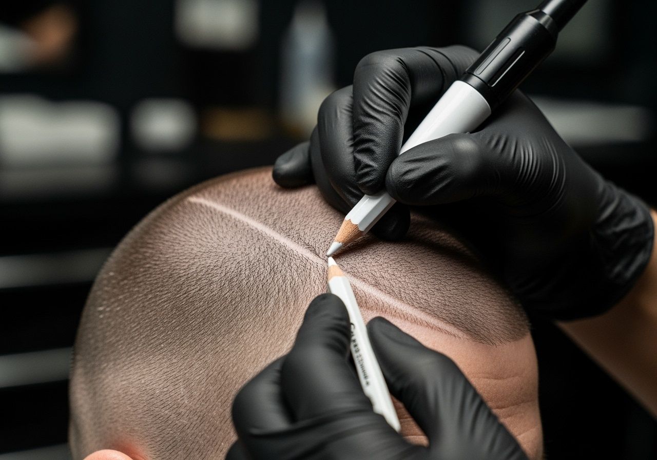 Hands in black gloves use white pencils to mark lines on a shaved head treated with scalp micropigmentation.