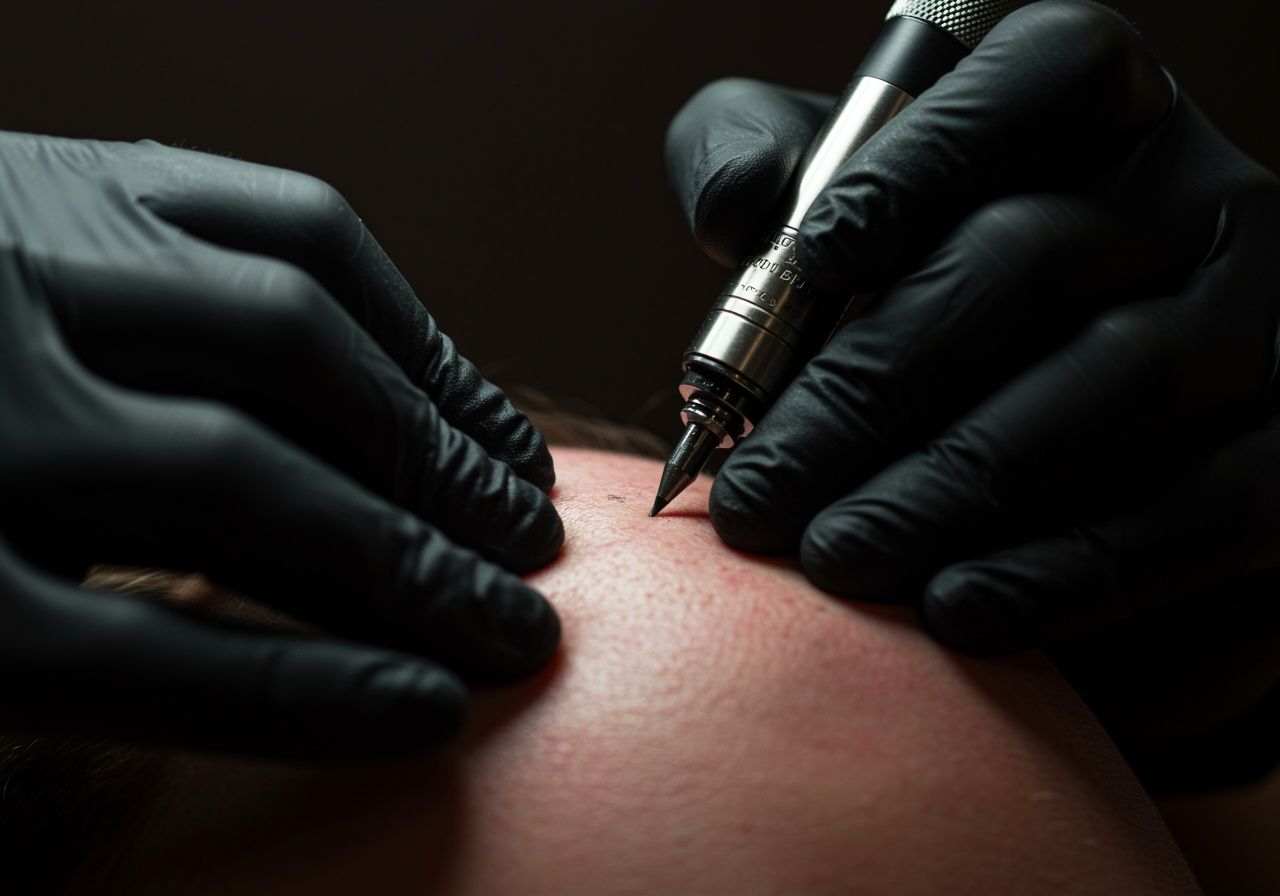 A practitioner in black gloves uses a cosmetic tattoo machine to perform a scalp micropigmentation procedure.