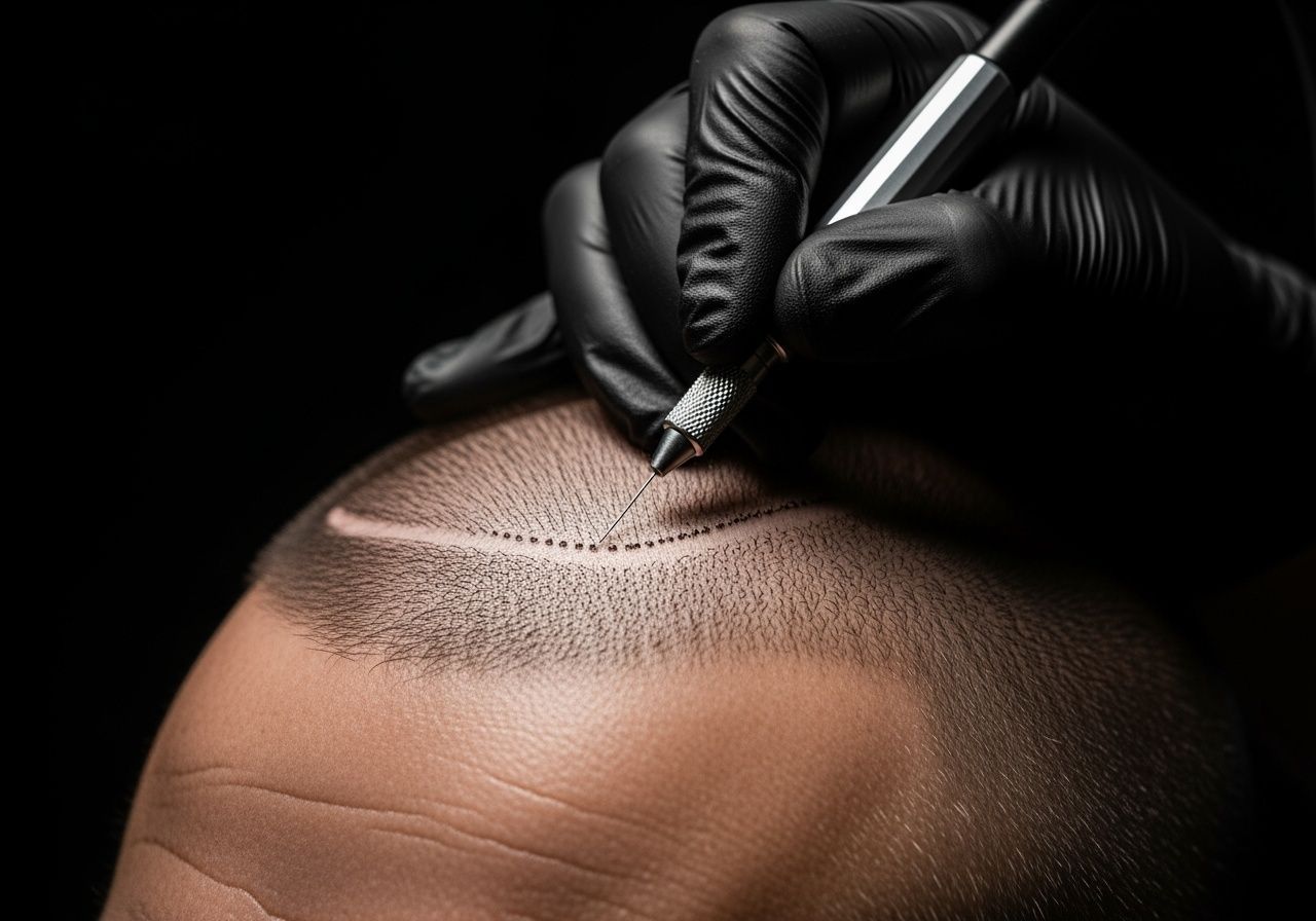 A gloved hand uses a tattoo machine to perform scalp micropigmentation on a person’s head.