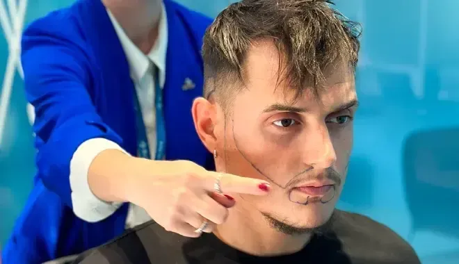 A person points at a man’s face, which has markings drawn near his jawline and mouth, likely for a cosmetic procedure.