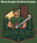 Green Beret Tree Service logo: muscular man in beret holds chainsaw, framed by trees and a setting sun.