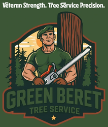 Green Beret Tree Service logo: muscular man in beret holds chainsaw, framed by trees and a setting sun.