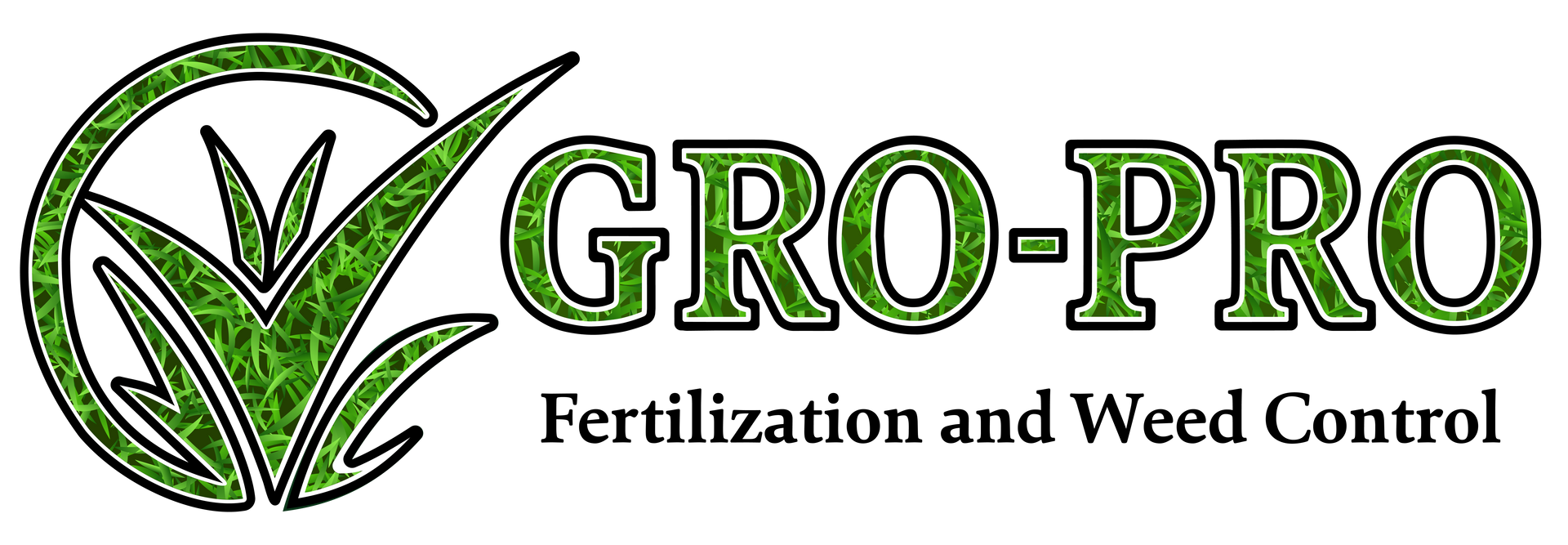 Logo for GRO-PRO with green grass and a circle element. Text reads "Fertilization and Weed Control".
