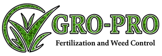 Logo for GRO-PRO with green grass and a circle element. Text reads "Fertilization and Weed Control".