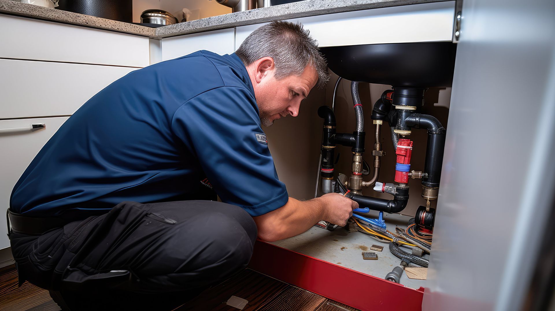 Plumber kneeling under a kitchen sink, working on pipes with pliers.