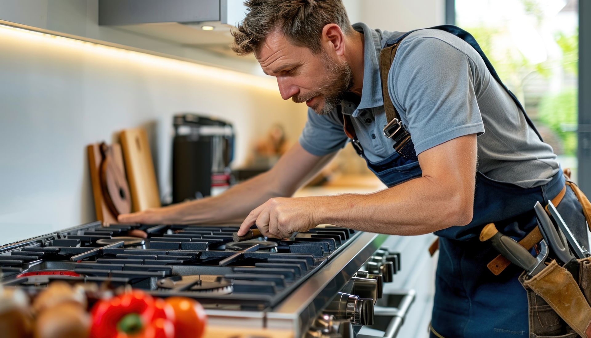 Man in apron repairing a gas stovetop in a modern kitchen.