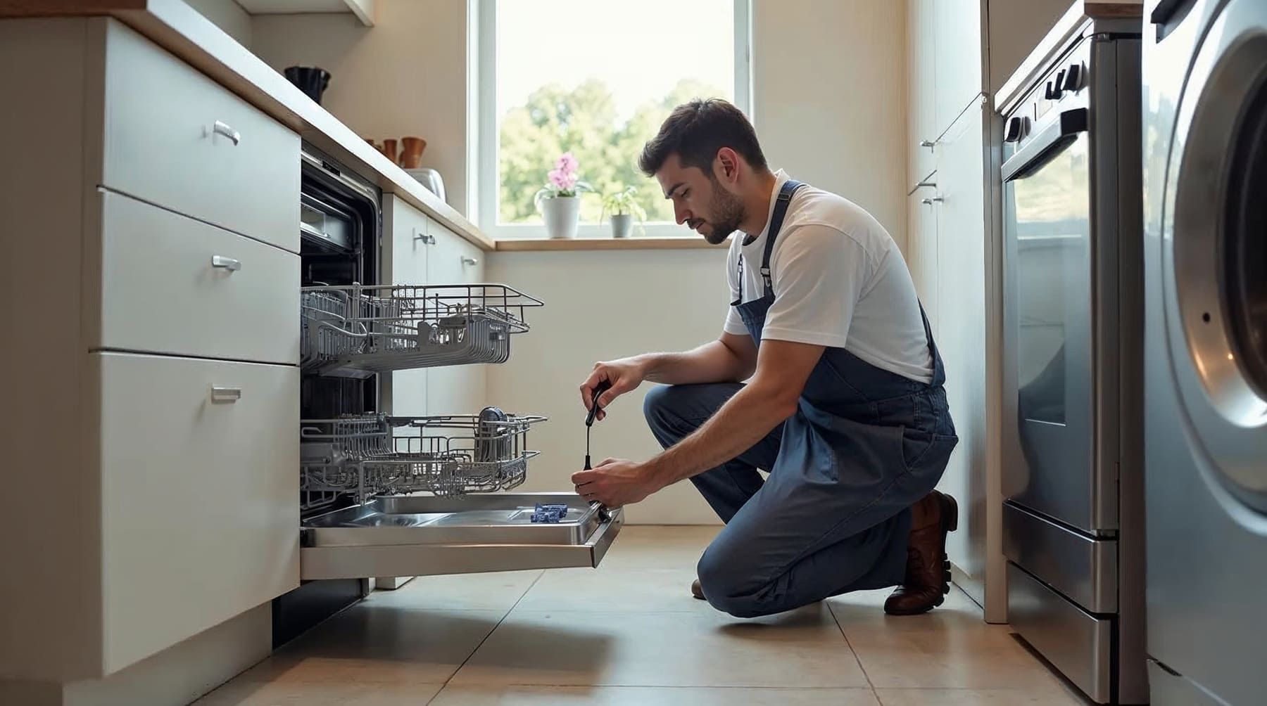 A person kneels, repairing a dishwasher in a kitchen, using a screwdriver.