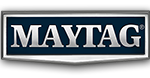 Maytag logo with silver letters on a navy background, encased in a silver rectangular frame.
