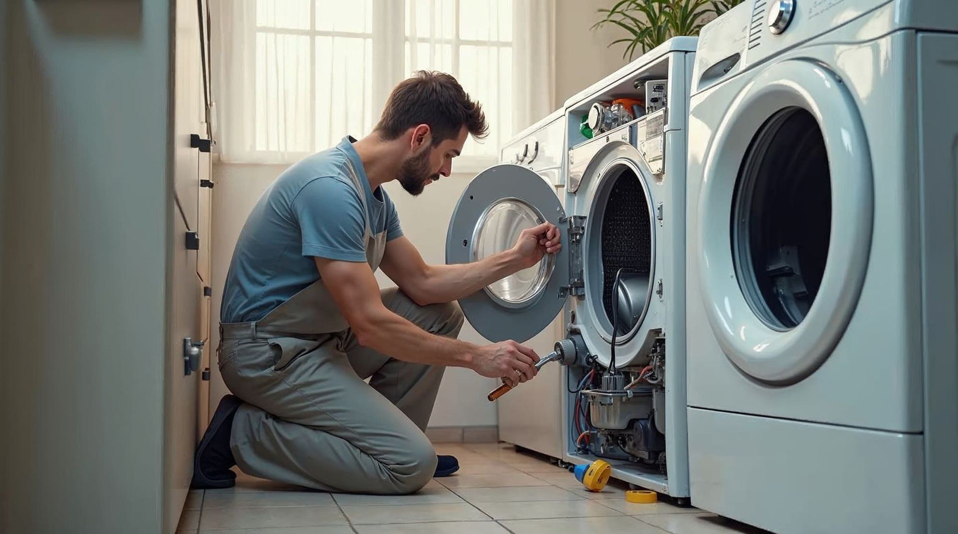 Man kneels, repairing a washing machine; laundry room setting.