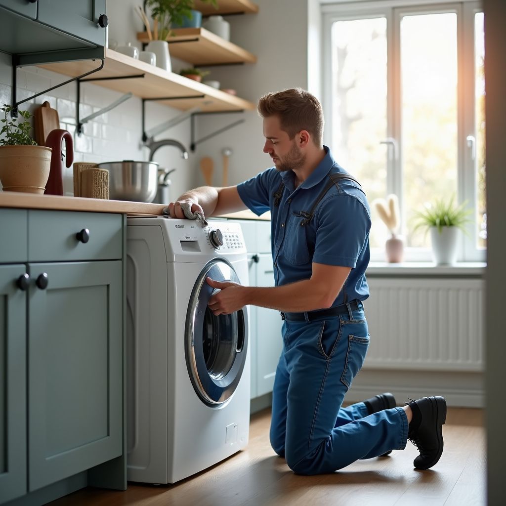Man in blue overalls kneels fixing a washing machine in a kitchen with open shelving.