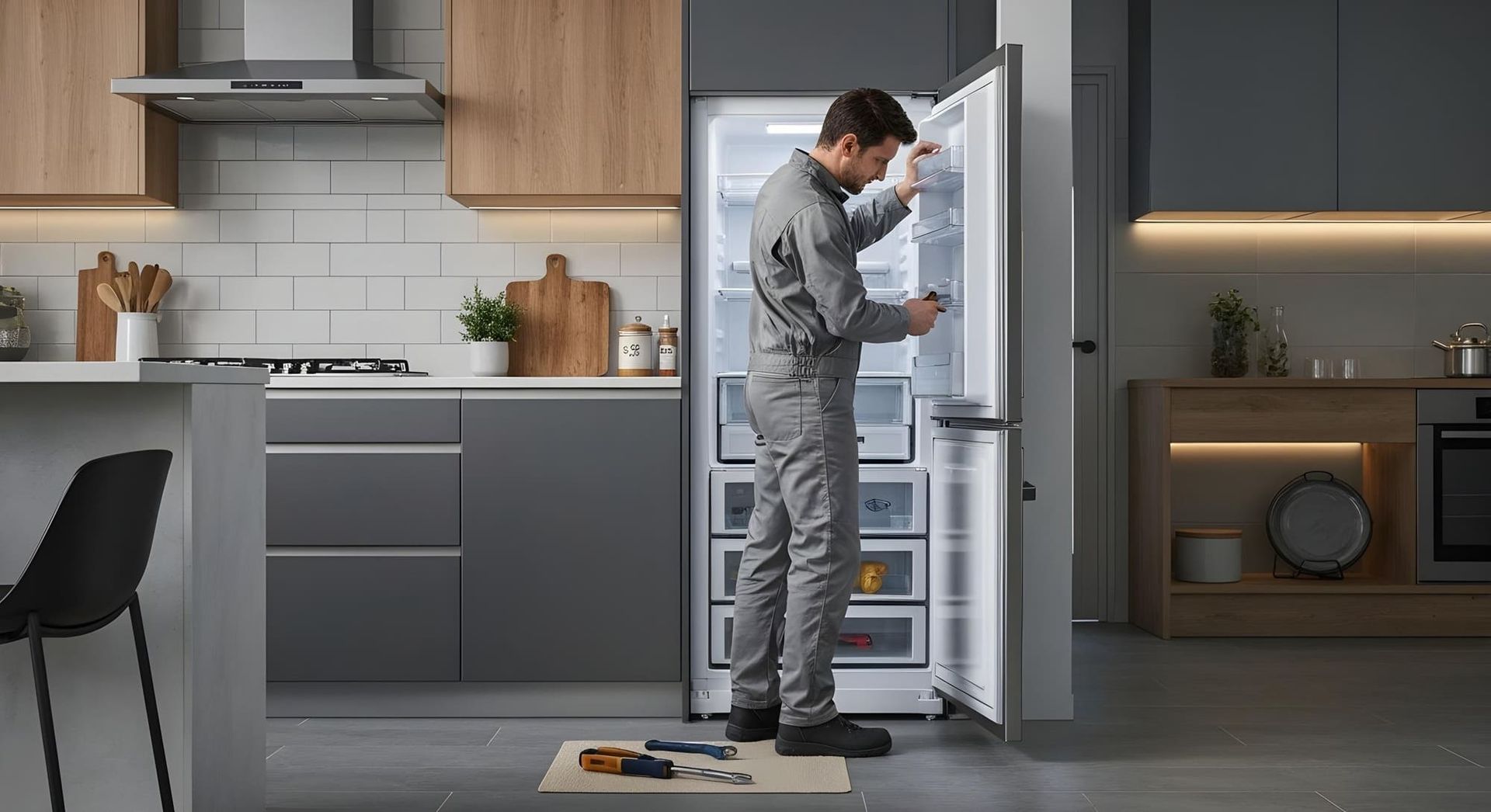 A repairman in a gray jumpsuit fixes a refrigerator in a modern kitchen.