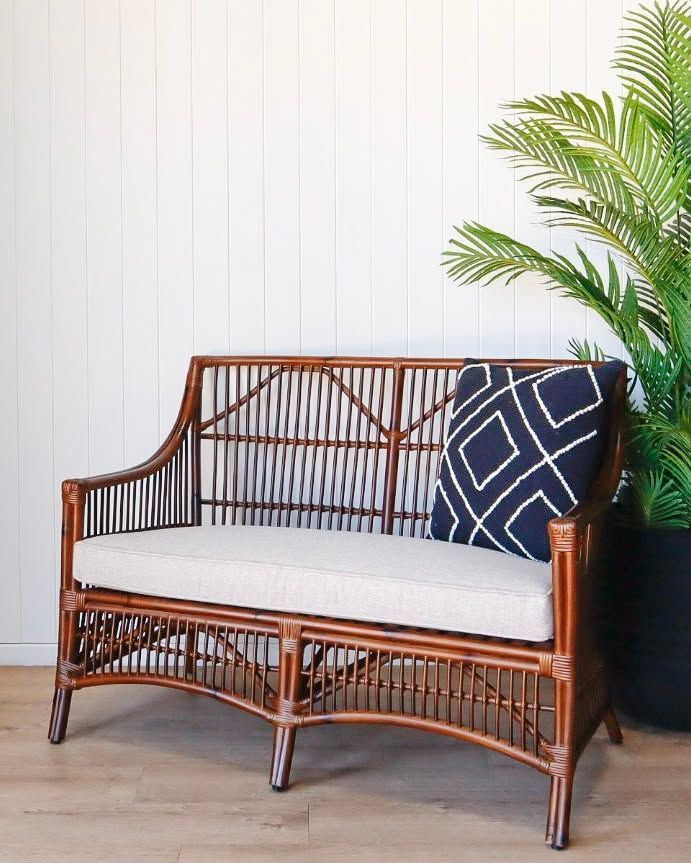 Wicker Bench With White Cushion and Navy Patterned Pillow Beside a Potted Palm — Tropic Living in Trinity Park, QLD