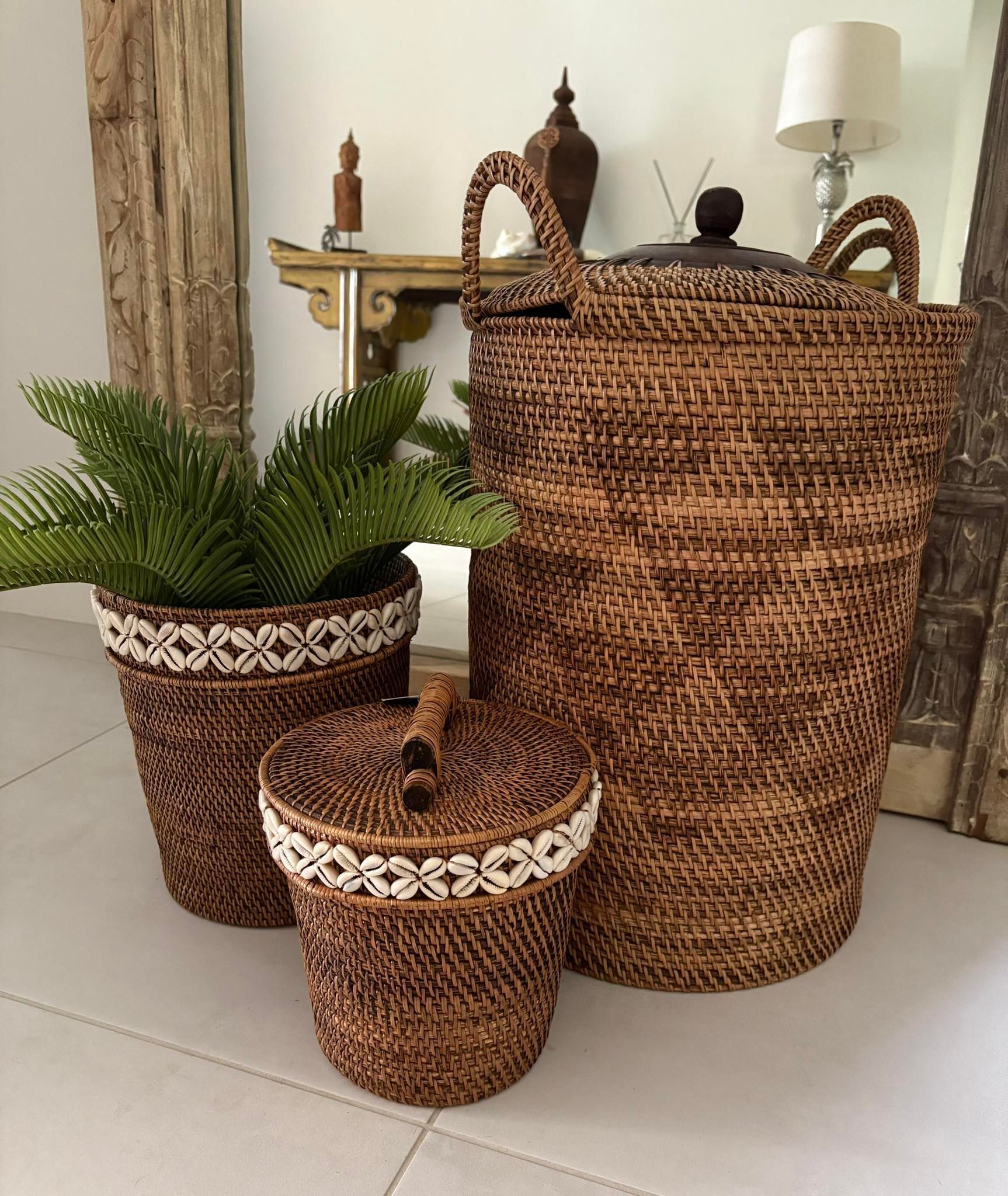 Three Woven Baskets, One Holding a Green Fern, in a Bright Room With a Table and Lamp — Tropic Living in Smithfield, QLD