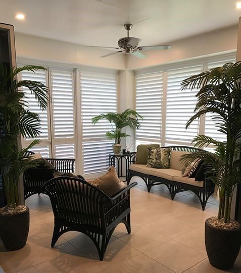 Cozy Sunroom Seating Area With Wicker Chairs, Sofa, and Tall Potted Palms by Large Windows — Tropic Living in Port Douglas, QLD