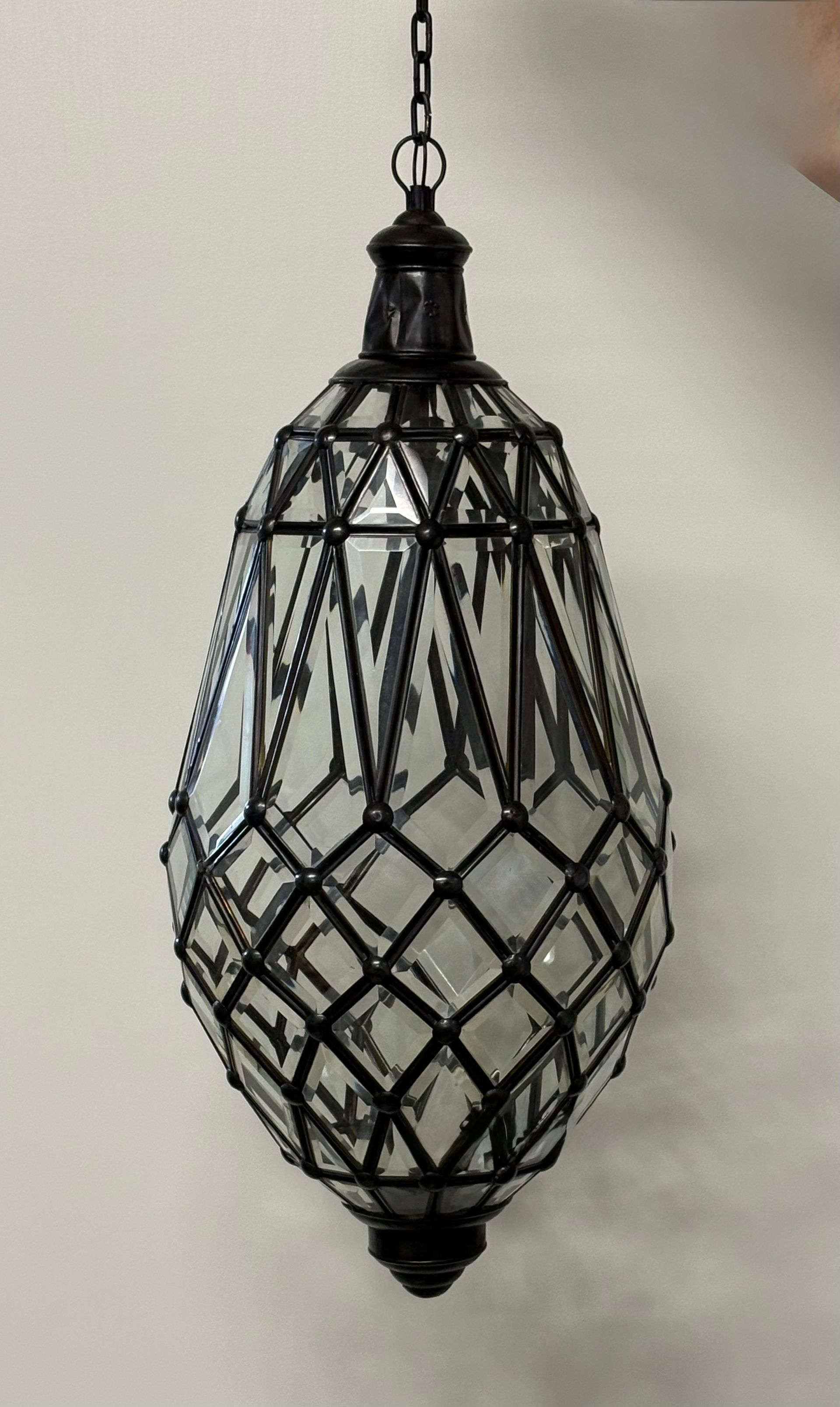 Black Hanging Lantern with Diamond-Patterned Glass and Chain Suspension &mdash; Tropic Living In Smithfield, QLD