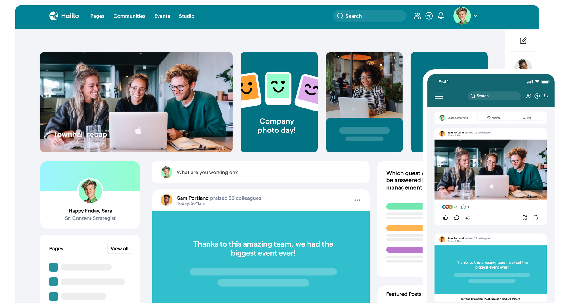A mockup graphic of the Haiilo intranet dashboard featuring a social feed, Q&A and more.