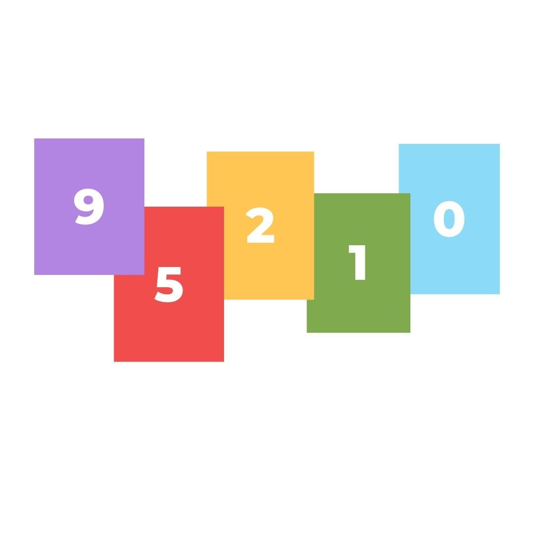Colorful overlapping number cards: 9, 5, 2, 1, 0 in purple, red, yellow, green, and blue.