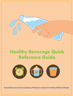 Healthy Beverage Quick Reference Guide poster with hand pouring water and fruit, milk, and juice icons on peach background
