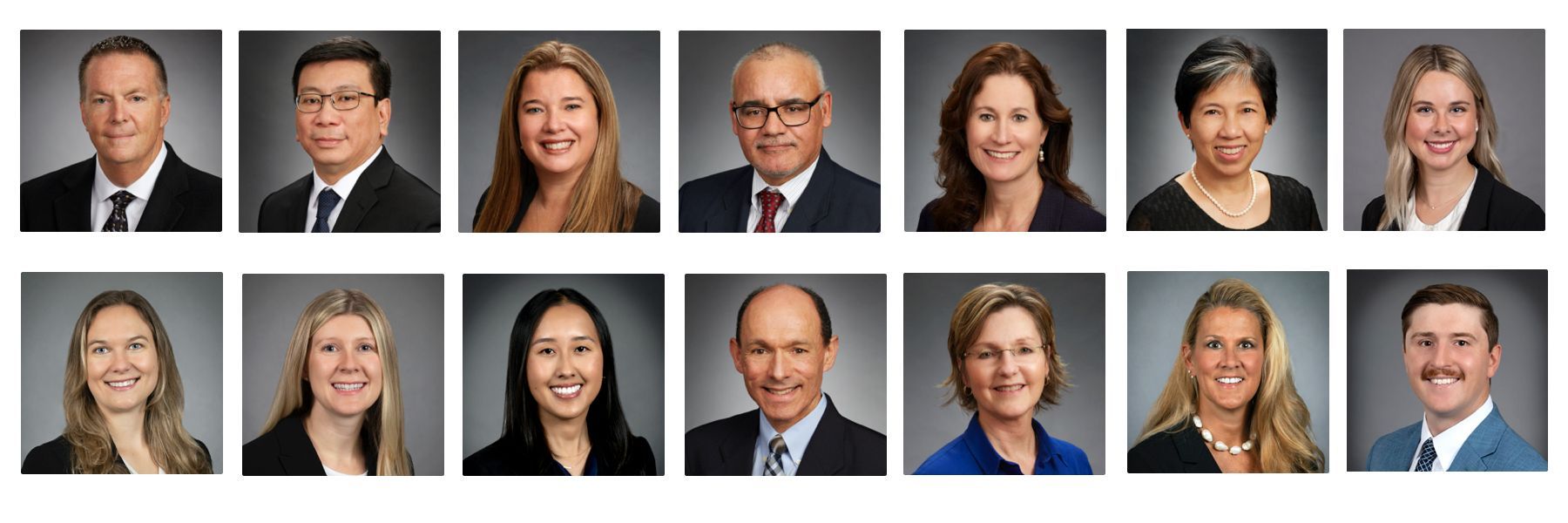 Eight professional headshots in two rows on a gray background, with black suits and smiling expressions.