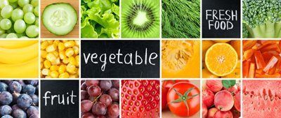 Collage of fresh fruits and vegetables with the words “fresh food,” “vegetable,” and “fruit”