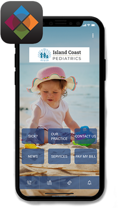 Pediatric clinic app home screen on a phone, with a child photo and blue navigation buttons