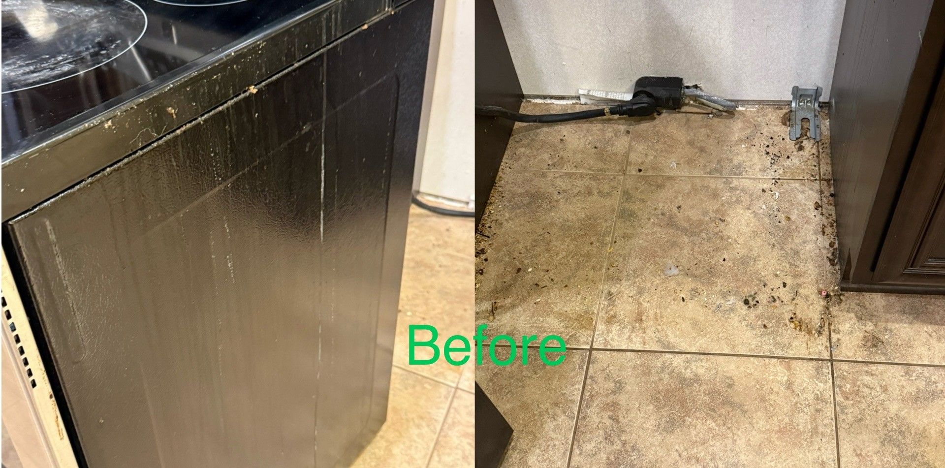 A before picture of a kitchen. Dirty tile floor and cabinets.