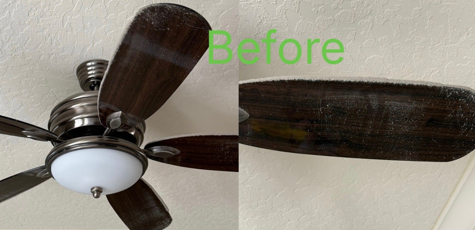 Dusty ceiling fan, brown blades, white light, against a white ceiling. 