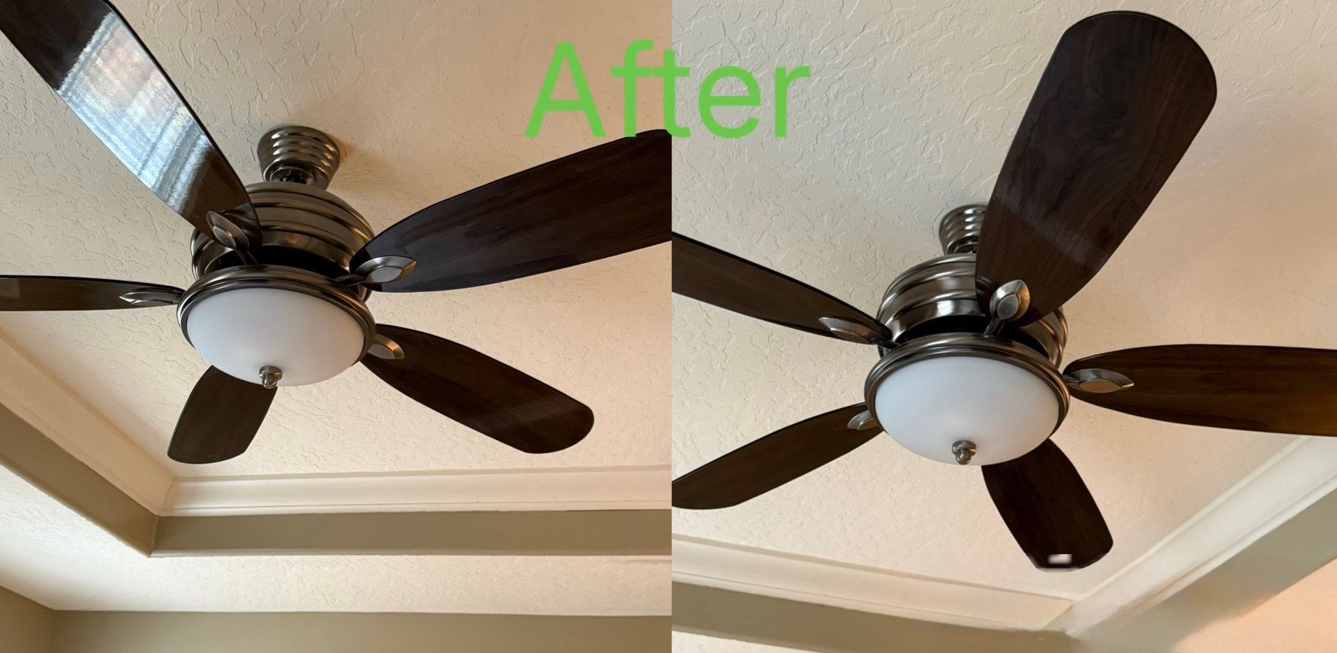 Ceiling fan with dark wooden blades, centered under a white ceiling, 