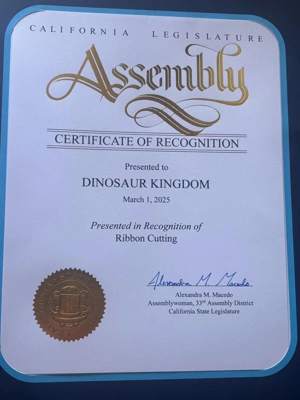 California Legislature Assembly certificate of recognition for Dinosaur Kingdom, with gold seal on blue background
