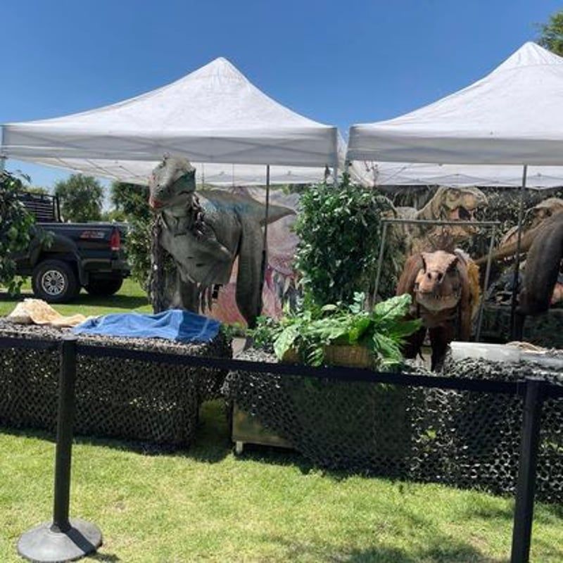 Two dinosaur costumes displayed under white canopies at an outdoor event