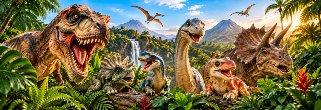 Family riding with dinosaur statues in a red Jurassic Park vehicle outdoors