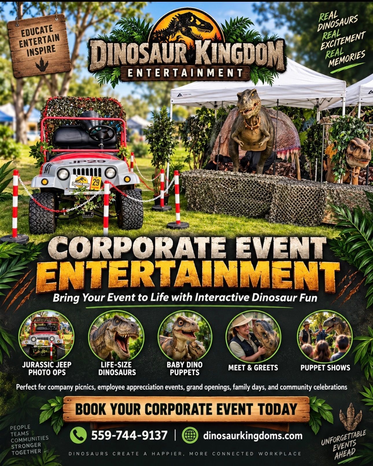 Man riding a realistic dinosaur costume outdoors near a red car.