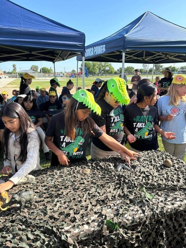 Children in neon hats and black shirts sorting rocks at an outdoor activity table under a tent