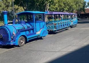 Blue tourist road train with open-air cars parked on a sunny street near trees