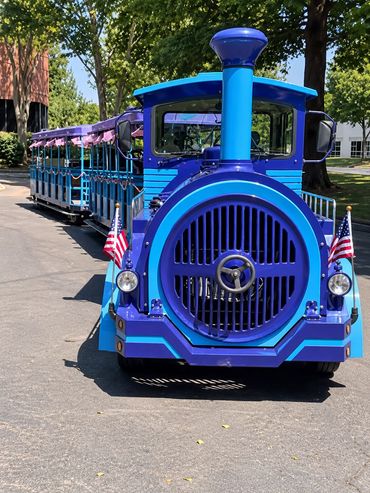 Blue tourist train parked on a sunny street with trees in the background