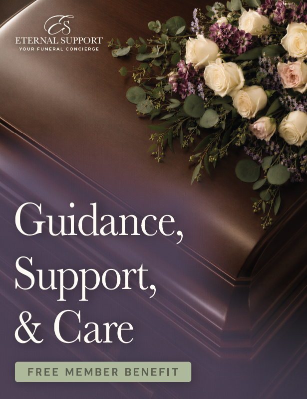 Promotional flyer announcing Eternal Support with photos of a woman and elderly man, membership benefits, and contact info