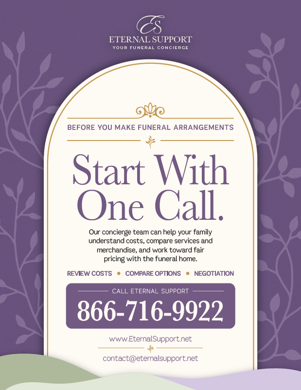 Promotional flyer announcing Eternal Support with photos of a woman and elderly man, membership benefits, and contact info