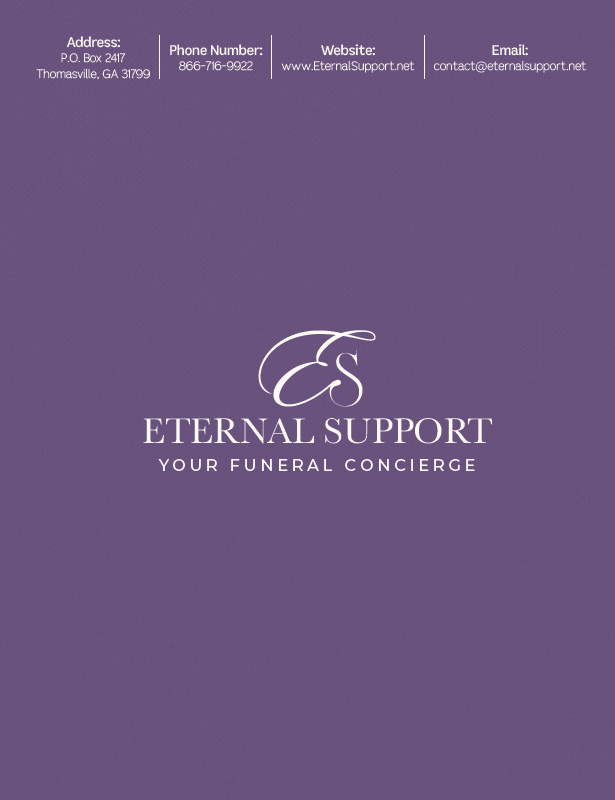 Promotional flyer announcing Eternal Support with photos of a woman and elderly man, membership benefits, and contact info